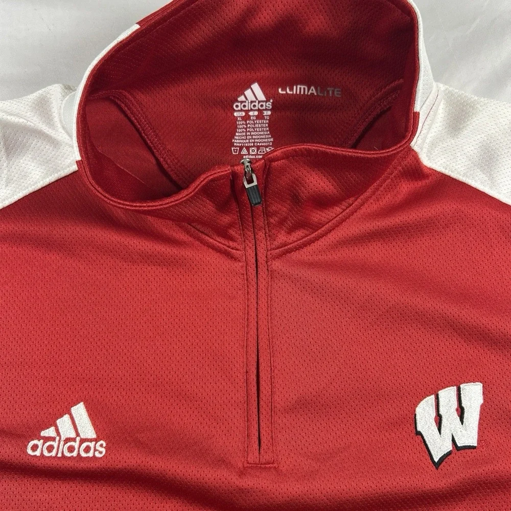 Wisconsin Badgers Sweater Men Extra Large Red White Adidas Climalite 1/4 Zip XL